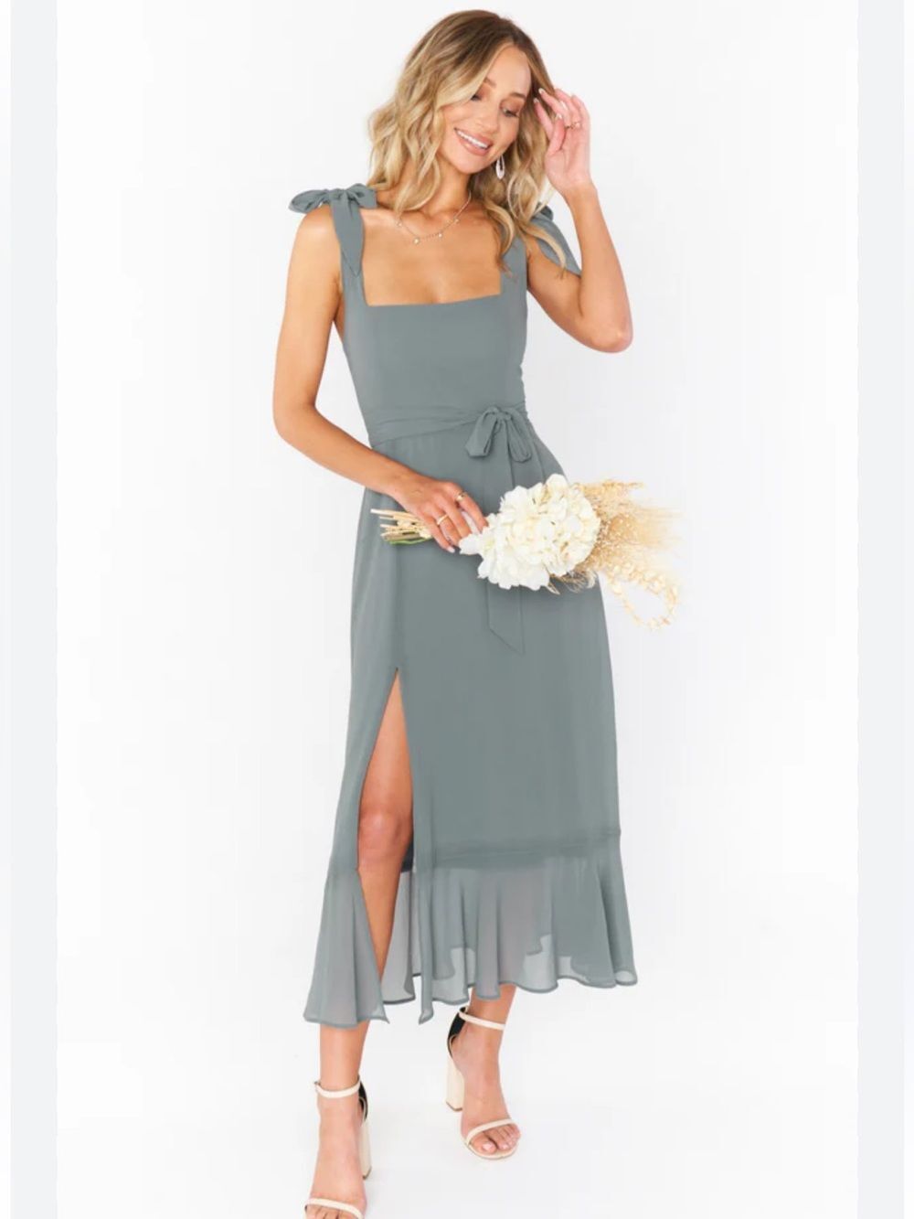 $180 Show Me Your Mumu Claire Midi Dress ~ Deep Sage Chiffon Bridal NWT Small - Picture 2 of 9
